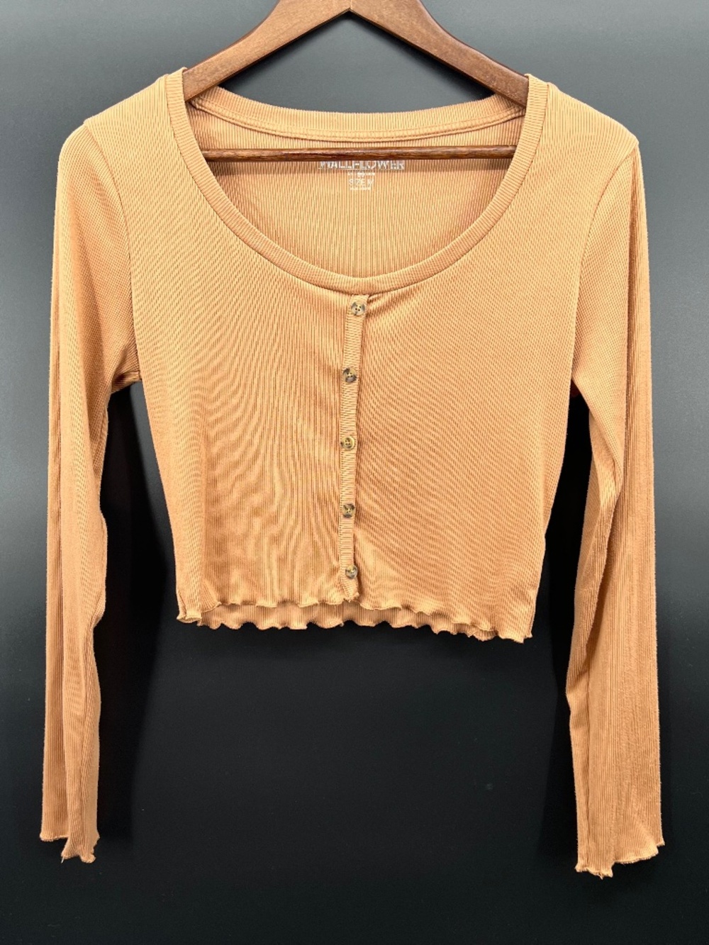 Fairy Forest Renfaire Women's Sz M Brown Ribbed Knit Button Long Sleeve Crop Top